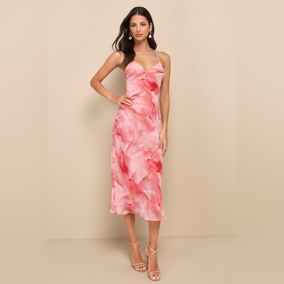 Lulus Dresses & Skirts - NEW LULUS Bright Charm Pink Abstract Print Chiffon Slip Midi Dress SZ SMALL